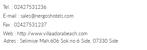 Villa Adora Beach Hotel telefon numaralar, faks, e-mail, posta adresi ve iletiim bilgileri